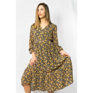 Φόρεμα Midi Μακρυμάνικο Floral Μαύρο με V