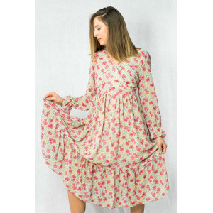 Φόρεμα Midi Μακρυμάνικο Floral Μπεζ με V