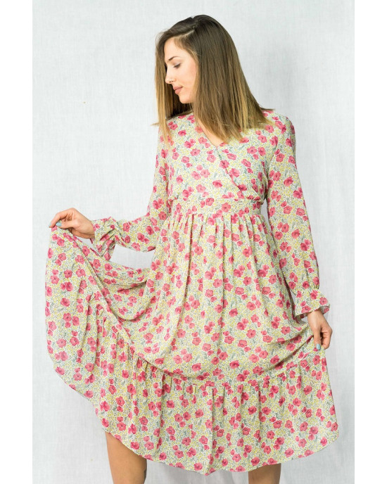 Φόρεμα Midi Μακρυμάνικο Floral Μπεζ με V